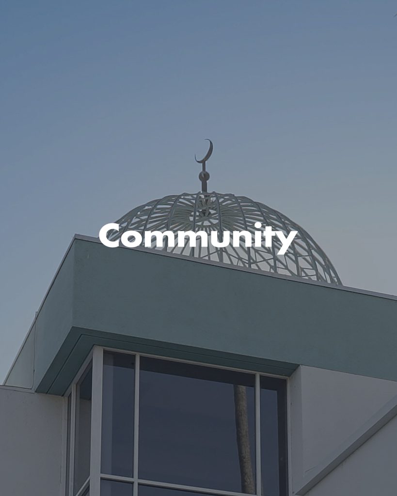 Community cover art and link to page providing community information such as where to find the closest masjid, ramadan calendar, how to get a copy of the quran, and more.